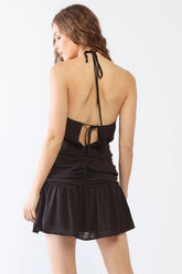 Black Cowl Neck Strappy Layered Ruched Mini Dress